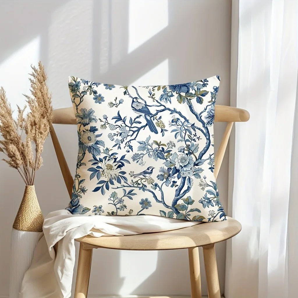 Retro Blue Floral Bird Pillow Cover - Pillow Bay
