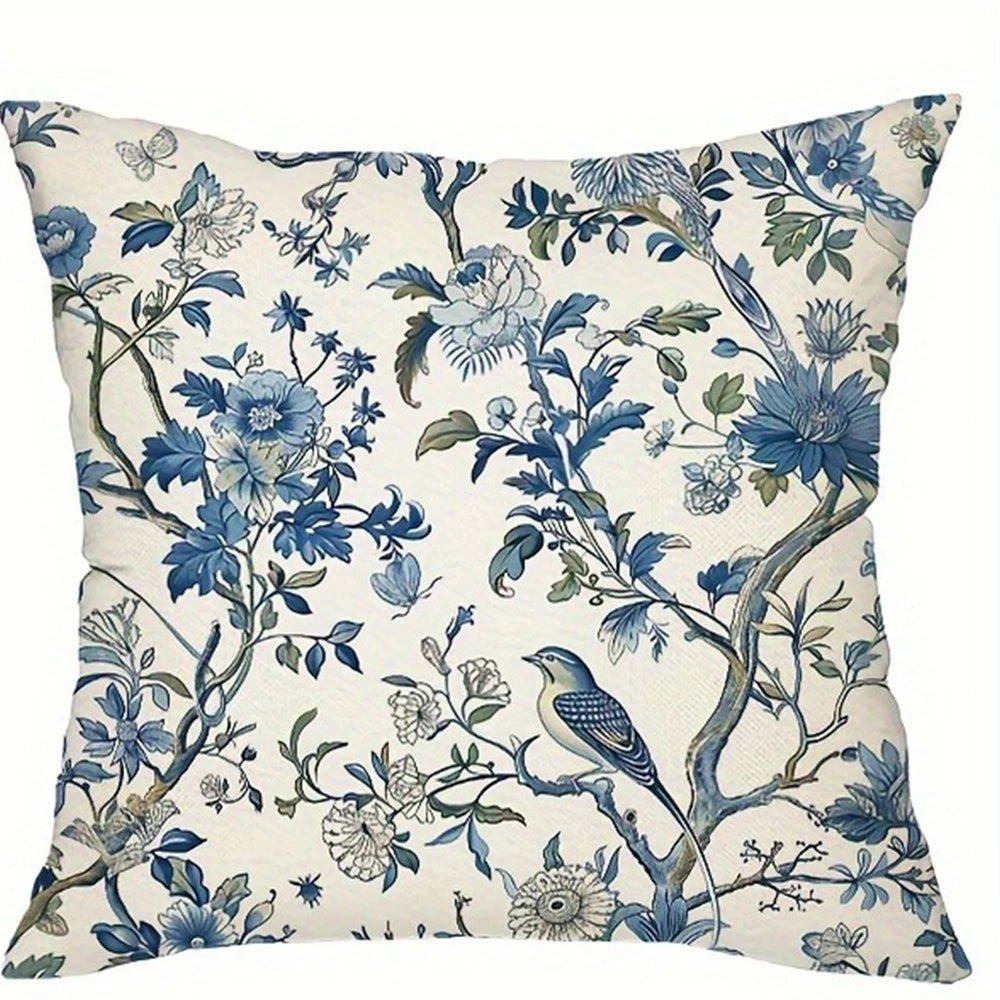 Retro Blue Floral Bird Pillow Cover - Pillow Bay