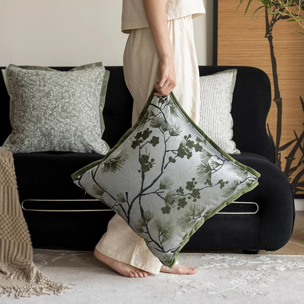 Retro Green Plant Jacquard Pillow Cover - Pillow Bay