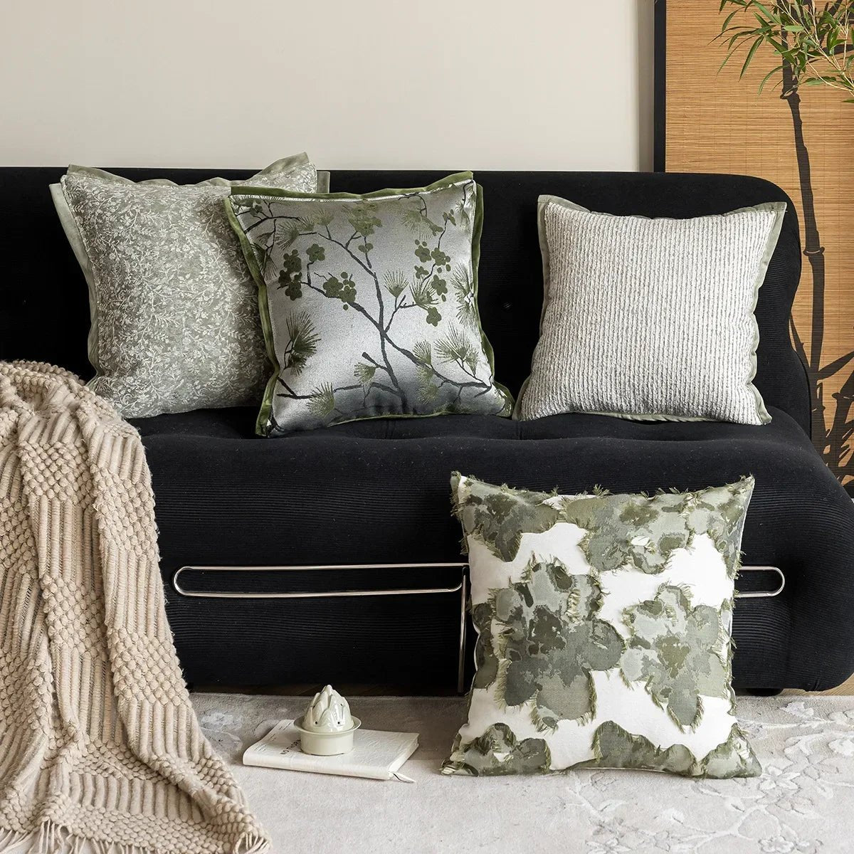 Retro Green Plant Jacquard Pillow Cover - Pillow Bay